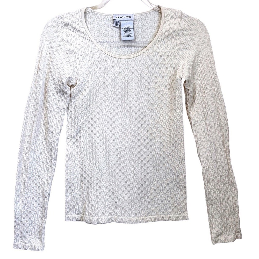Jason Wu Ivory Textured Diamond Popcorn Knit Scoop Neck Long Sleeve Top Size M